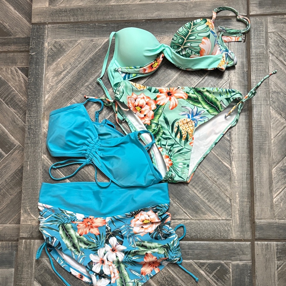 Floral and Solid Bikini Set